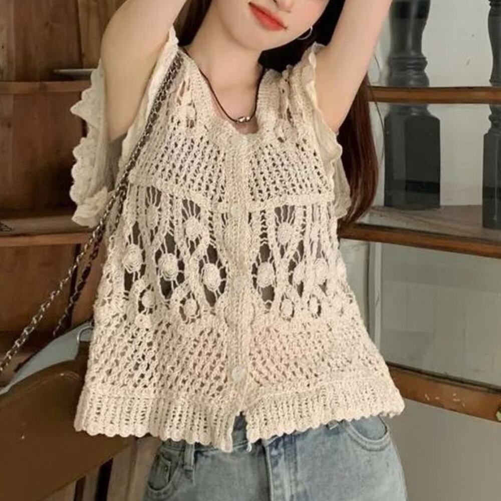 Adora Crochet Cotton Blend Button Top Boho Cottagecore Beige Womens One Size